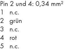 'Pin 2 und 4: 0,34 mm².' Liste der Pins: '1: n.c.', '2: grün', '3: n.c.', '4: rot', '5: n.c.'.