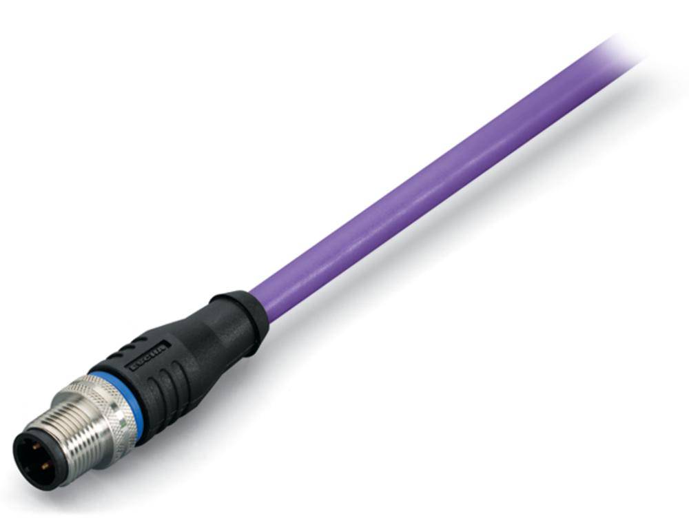 Lila Kabel mit einem schwarzen und metallischen Stecker, geeignet für industrielle elektronische Verbindungen.