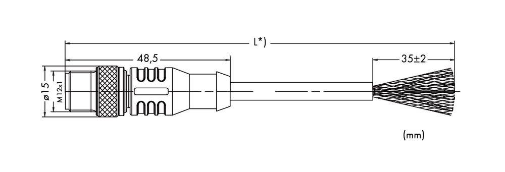 Technische Zeichnung eines Steckverbinders mit Abmessungen. Länge: 48,5 mm, Durchmesser: 15 mm, Drahtbürstenlänge: 35±2 mm.