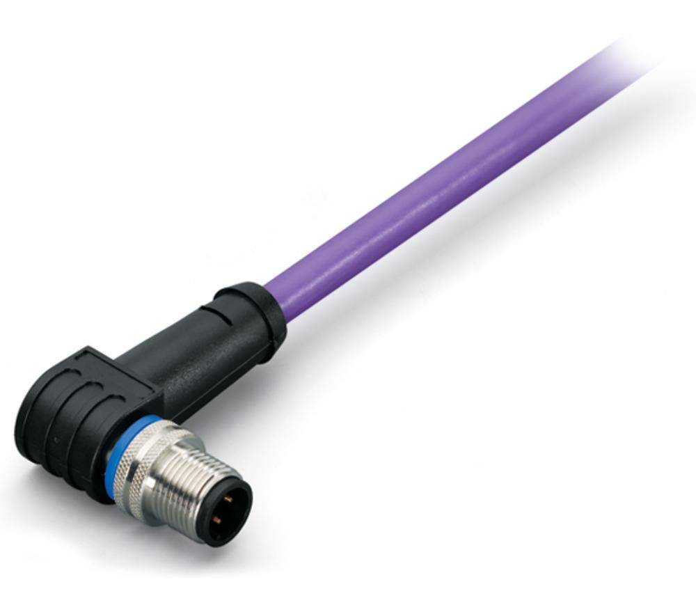 Lila Kabel mit einem schwarzen gewinkelten Stecker am Ende, geeignet für industrielle Anwendungen.