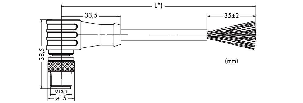 Technische Zeichnung eines Werkzeugs mit Abmessungen: Gesamtlänge 'L', Borstenlänge 35±2 mm, Kopfdurchmesser 38,5 mm, Gewinde M12x1, Durchmesser 15 mm.