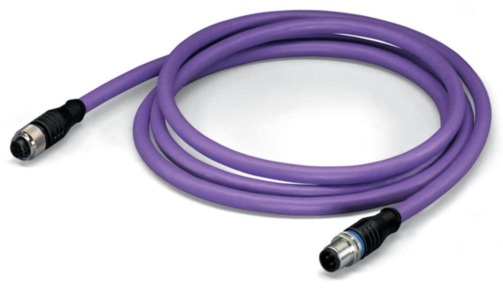 Lila Kabel mit zwei schwarzen Steckverbindern an den Enden, aufgerollt und auf einer weißen Oberfläche liegend.