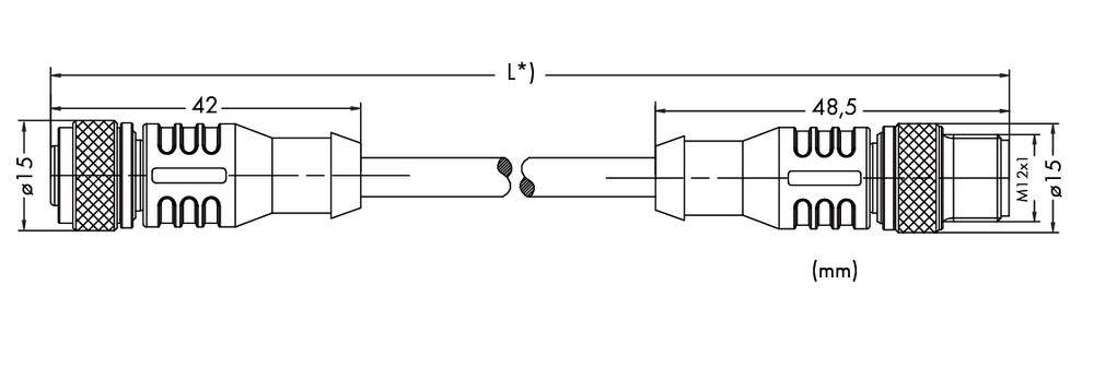 Technische Zeichnung eines Kabels mit zwei Steckern. Zeigt Abmessungen, u.a. Gesamtlänge L, 42 mm, 48,5 mm, Durchmesser Ø 15 mm.