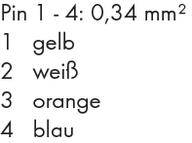 'Pin 1 - 4: 0,34 mm²' zeigt die Farbcodierung: 1 gelb, 2 weiß, 3 orange, 4 blau.