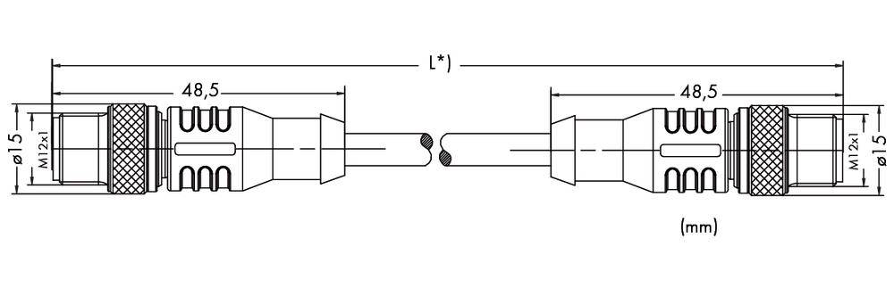 Technische Zeichnung eines zylindrischen Steckverbinders mit Maßen: Länge 48,5 mm, Durchmesser 18,5 mm. Symmetrische Darstellung.
