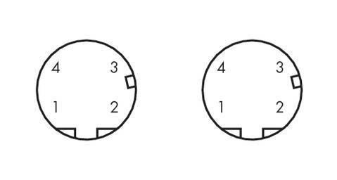 Zwei kreisförmige Diagramme: Jedes zeigt die Zahlen 1 bis 4 im Uhrzeigersinn. Beide haben zwei kleine Lücken unten, die sich gegenüberliegen.