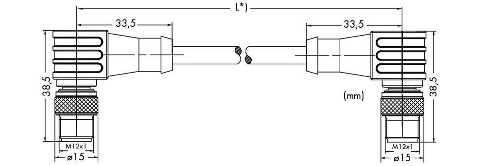 Technische Zeichnung eines Kabels mit Maßen: 33,5 mm Länge der Steckerköpfe, Gesamtlänge L, Steckverbindung mit M12x1 Gewinde.