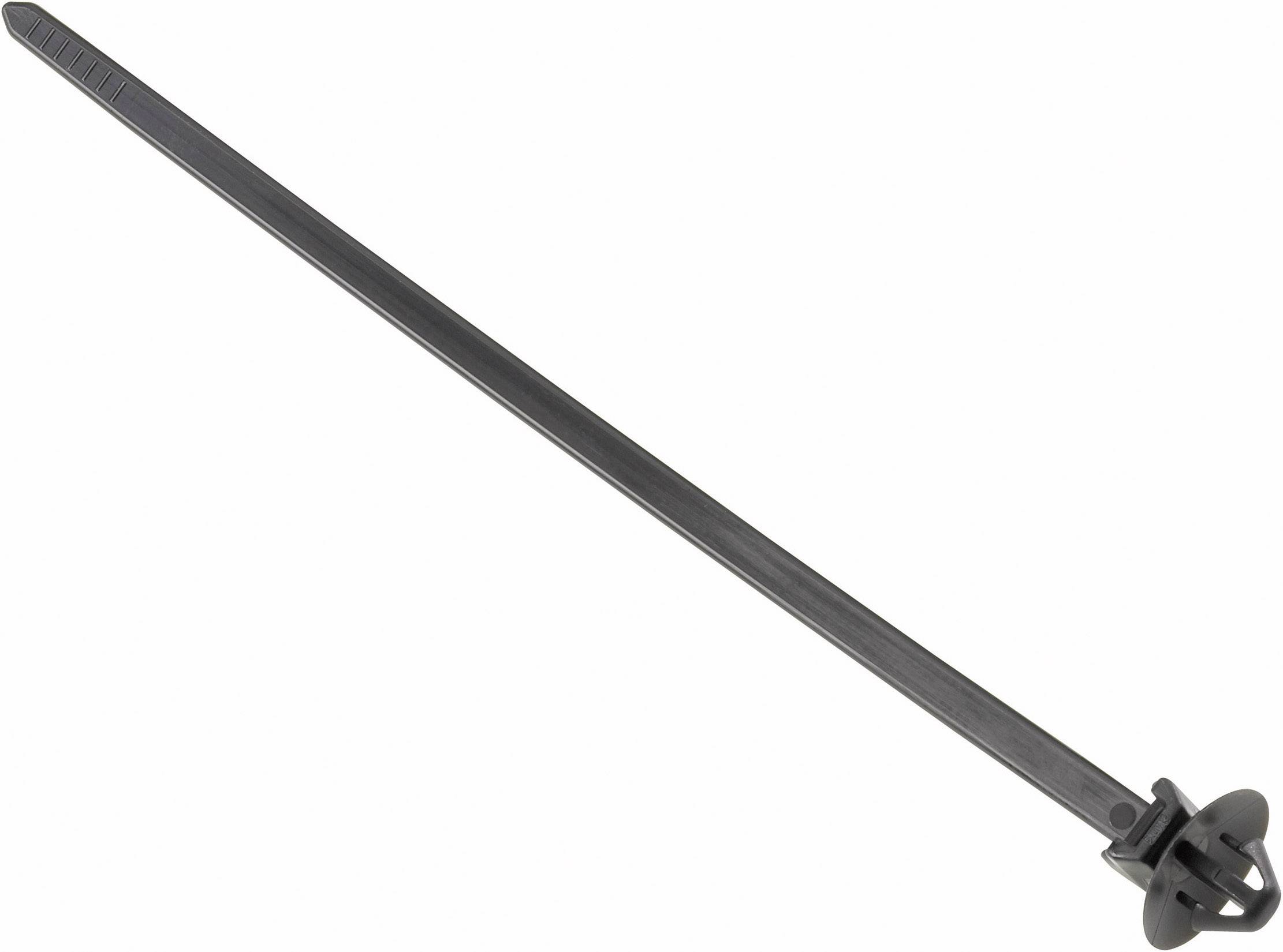 Ein schwarzer Kabelbinder mit Befestigungsanker, ideal zur sicheren Befestigung von Kabeln an verschiedenen Oberflächen.