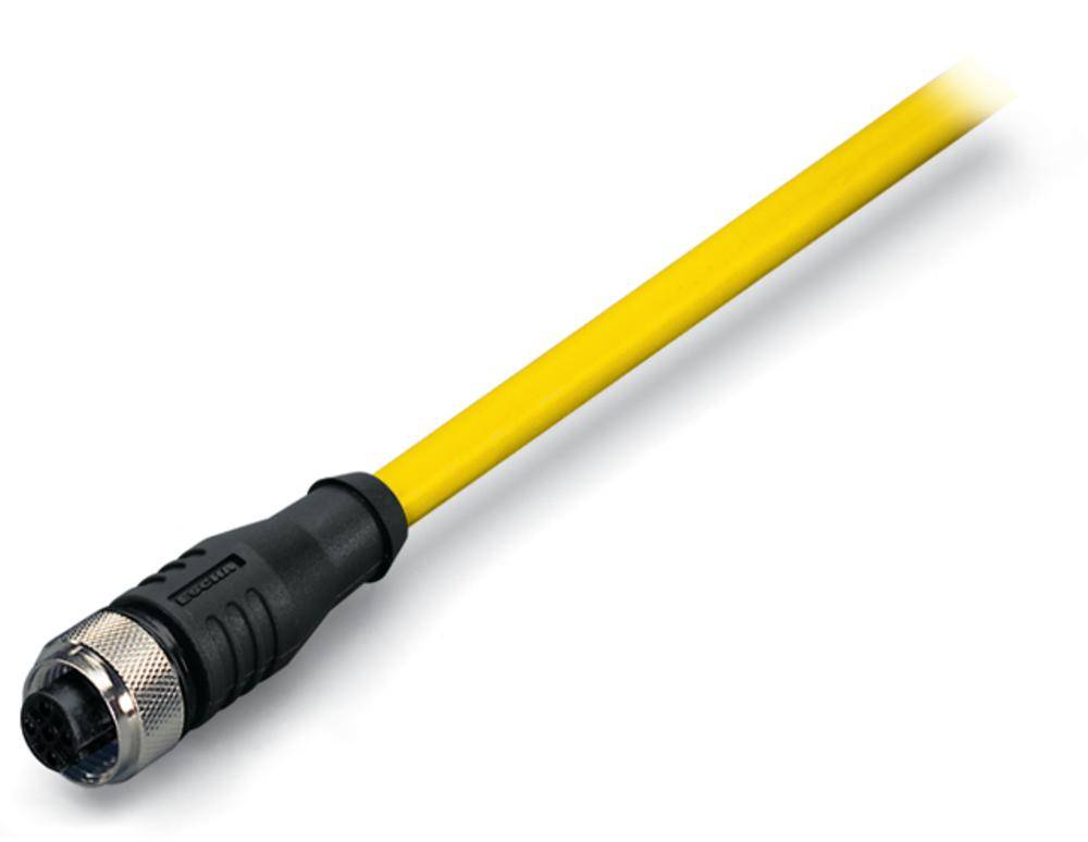 Gelbes Kabel mit schwarzem und silbernem Stecker, typischerweise für industrielle Anwendungen oder elektronische Verbindungen verwendet.