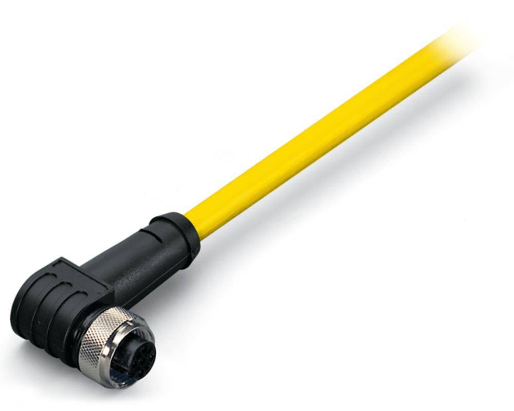 Gelbes Kabel mit einem rechtwinkligen schwarzen Anschluss und metallischem Stecker, geeignet für industrielle Anwendungen.