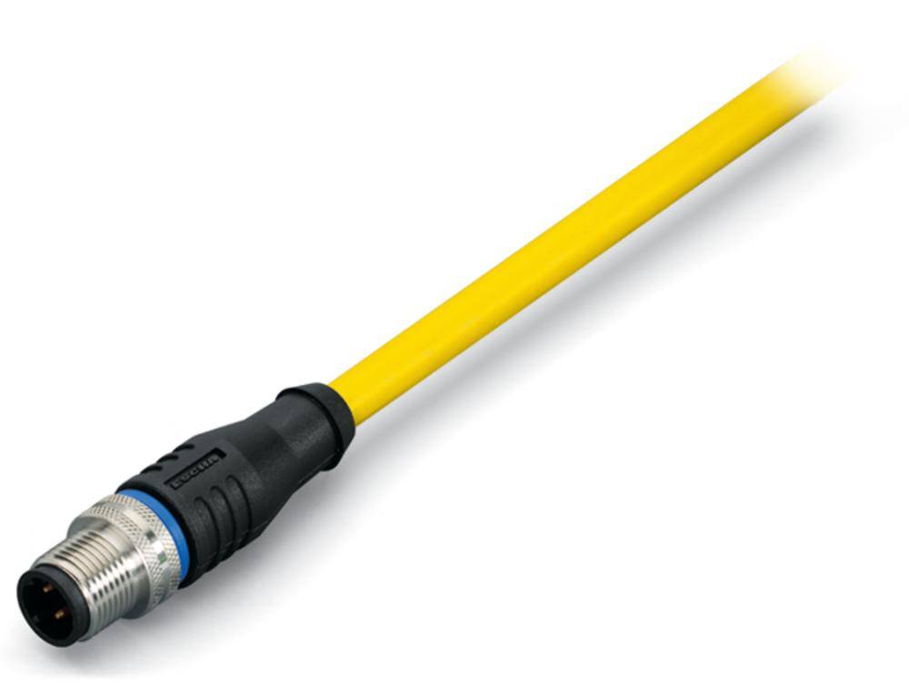 Gelbes Verbindungskabel mit schwarzem Anschluss, geeignet für industrielle Anwendungen.