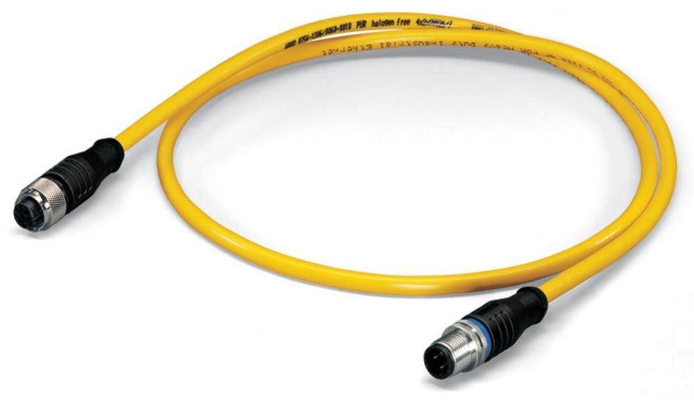 Gelbes Verbindungskabel mit zwei Steckern, geeignet für industrielle Anwendungen.