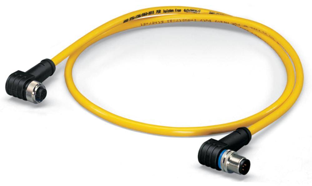 Sensorleitung mit abgewinkelten M12-Steckverbindern an beiden Enden, gelbes Kabel, geeignet für industrielle Anwendungen.