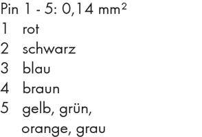 'Pin 1 - 5: 0,14 mm²' Farbcodierung. 1: rot, 2: schwarz, 3: blau, 4: braun, 5: gelb, grün, orange, grau.