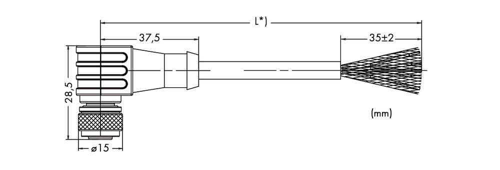 Diagramm eines zylindrischen Bürstenaufsatzes mit Maßen: Durchmesser 15 mm, Höhe 28,5 mm, Gesamtlänge 72,5-74,5 mm.