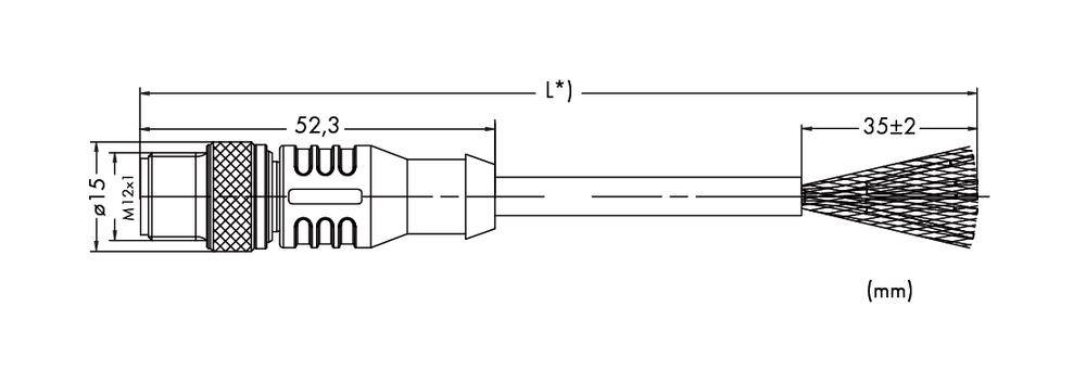 Technische Zeichnung eines Kabels mit Maßen. Länge 52,3 mm, Breite 15 mm, Borstendurchmesser 35 mm. Maßangaben in Millimetern.