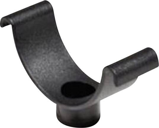 Eine schwarze Metallhalterung in U-Form, möglicherweise ein Bauteil für Befestigungszwecke.
