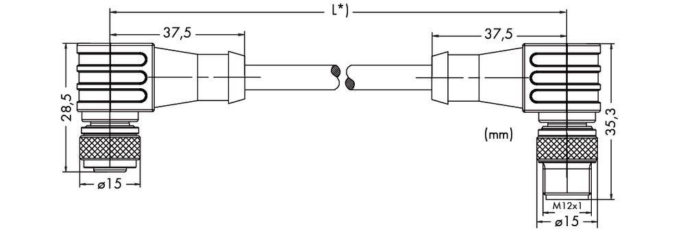 Technische Zeichnung eines Kabelverbinders mit Maßen in Millimetern, zeigt Längen, Durchmesser und Form der Bauteile.