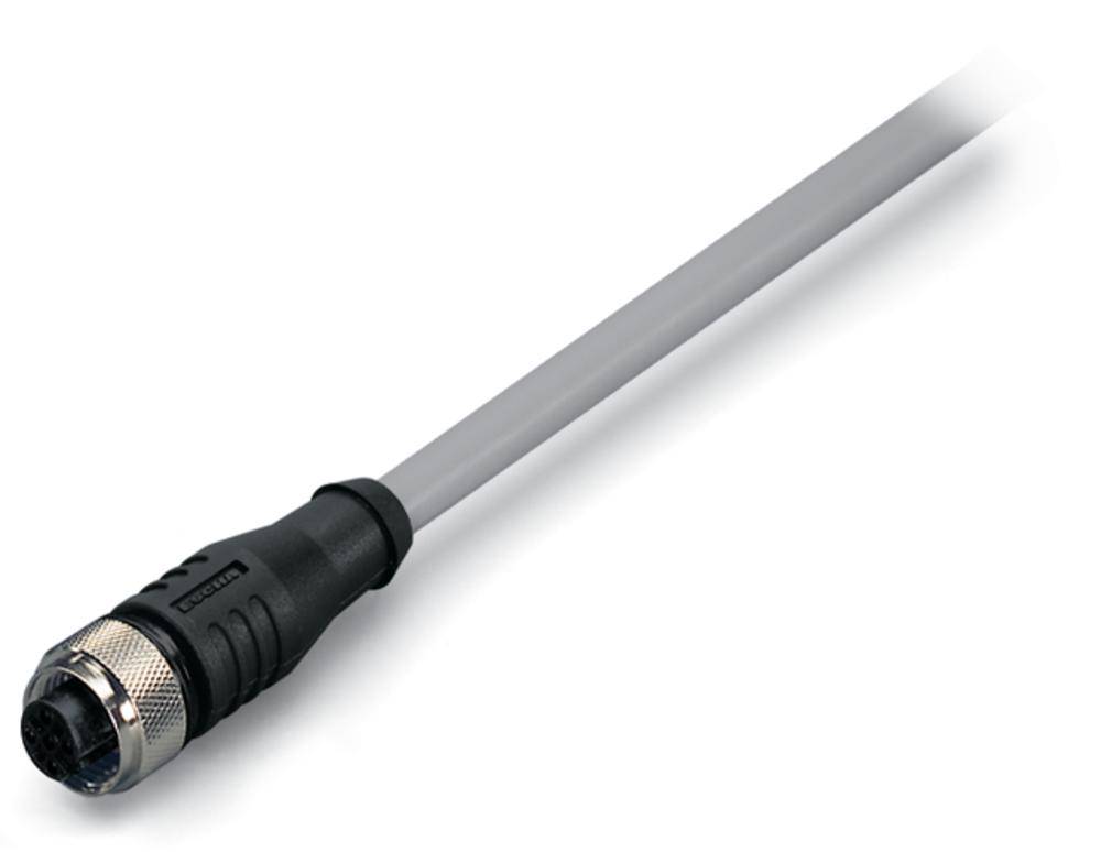 Ein graues Kabel mit einem schwarzen und silbernen Stecker, möglicherweise für industrielle oder technische Anwendungen geeignet.