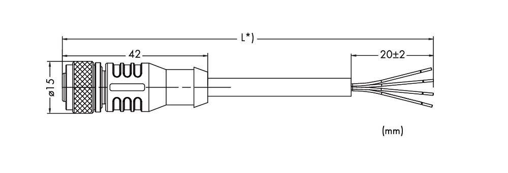 Technische Zeichnung eines Steckers mit Kabeln. Abmessungen: Gesamtlänge 'L', Steckerbreite 15 mm, Längenangaben 42 mm und 20±2 mm.