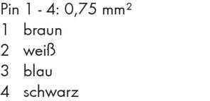 'Pin 1 - 4: 0,75 mm²' gefolgt von einer Liste mit 1: braun, 2: weiß, 3: blau, 4: schwarz.