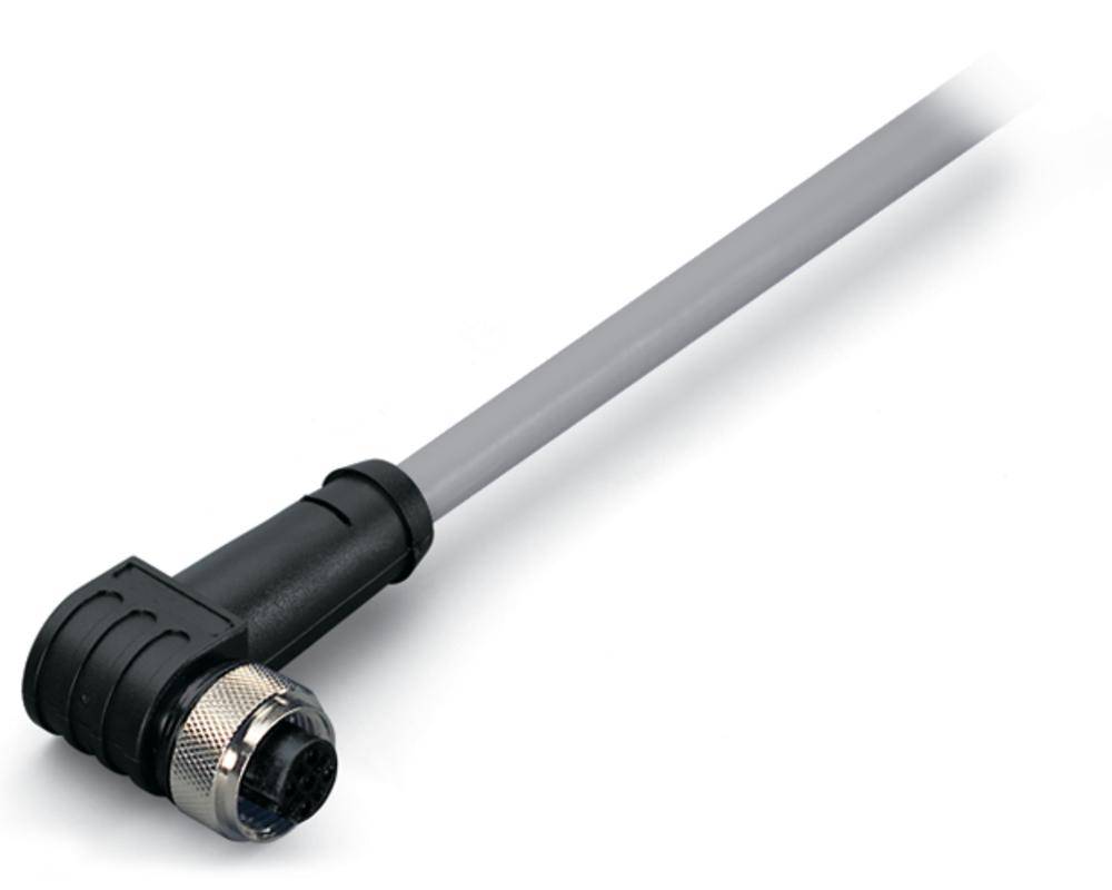 Ein gewinkelter Anschlussstecker mit grauem Kabel, oft verwendet für industrielle oder elektronische Anwendungen.