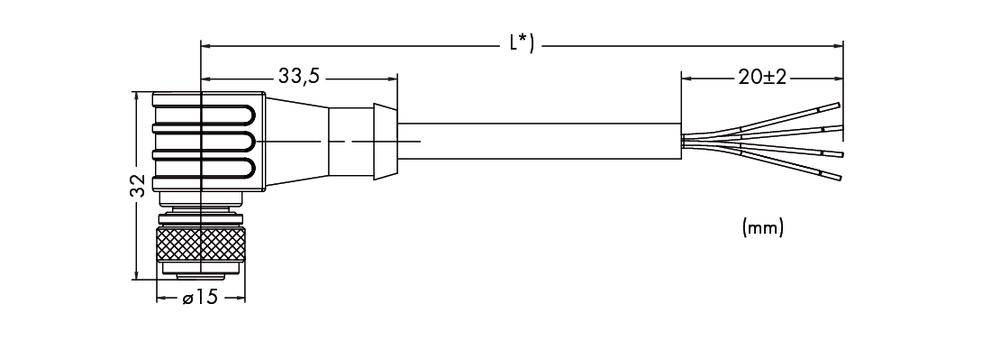 Technische Zeichnung eines Steckverbinders mit Abmessungen: Länge 33,5 mm, Durchmesser 15 mm, Kabel 20±2 mm.
