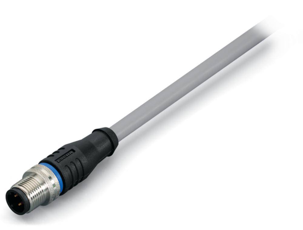 Ein graues Verbindungskabel mit dunklem Steckkopf und blauer Markierung, möglicherweise für elektronische oder technische Anwendungen.