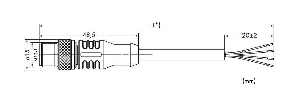 Technische Zeichnung eines Steckers mit Kabel. Beinhaltet Maße: Länge 48,5 mm, Durchmesser 15 mm, M12x1 Gewinde. Kabelenden abisoliert.