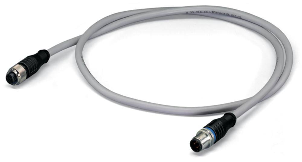 Ein graues Kabel mit zwei schwarzen Anschlüssen an den Enden liegt auf einem weißen Hintergrund.