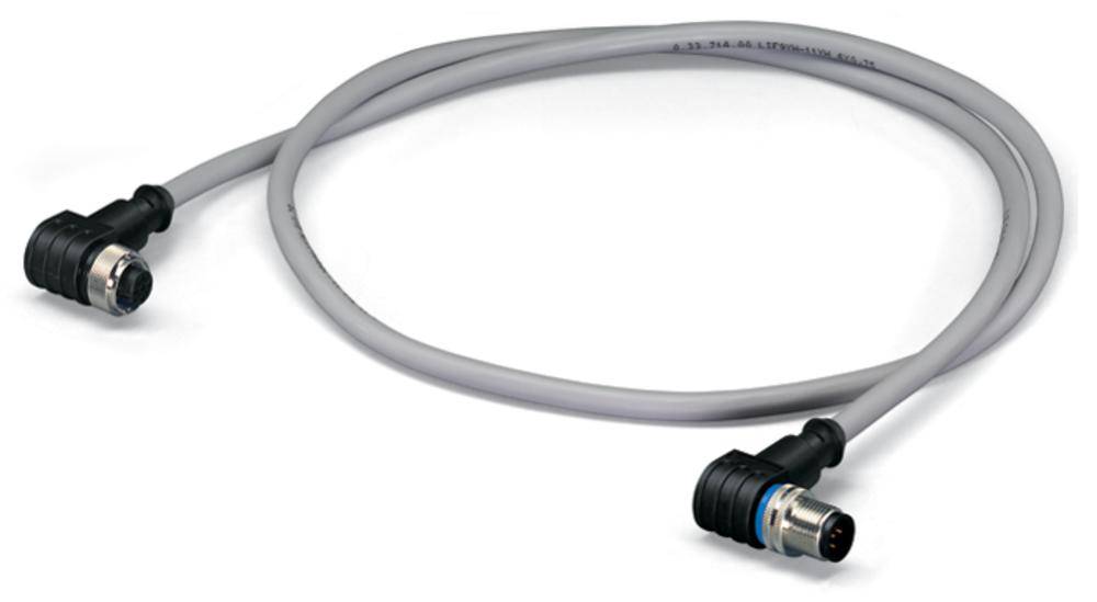 Graues, flexibles Kabel mit schwarzen, winkeligen Steckverbindern an beiden Enden. Geeignet für industrielle Anwendungen.