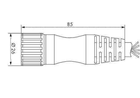 Technische Zeichnung eines zylindrischen Objekts mit Rippen. Maße: 85 mm Länge, 26 mm Durchmesser. Seitenansicht mit Maßangaben.