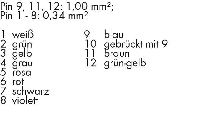 'Pin 9, 11, 12: 1,00 mm²; Pin 1 - 8: 0,34 mm².' Liste von Pins mit zugeordneten Farben: weiß, grün, gelb, grau, rosa, rot, schwarz, violett, blau, gebrückt mit 9, braun, grün-gelb.
