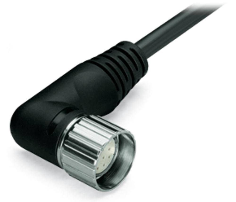 Ein schwarzes, gewinkeltes Kabel mit einem runden, silbernen Stecker, geeignet für technische Anwendungen.