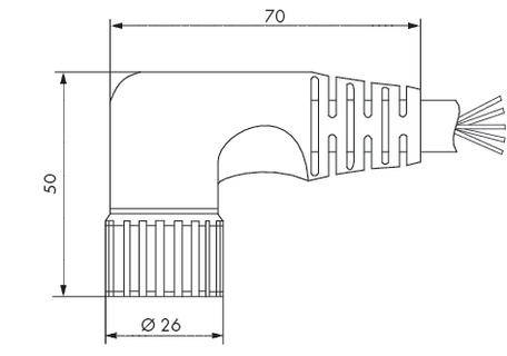 Technische Zeichnung eines Winkelsteckers mit Maßen: Gesamtlänge 70 mm, Höhe 50 mm, Durchmesser 26 mm. Detallierung der Riffelung.