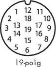 '19-polig' zeigt eine kreisförmige Anordnung von nummerierten Steckpositionen für einen elektronischen Stecker.
