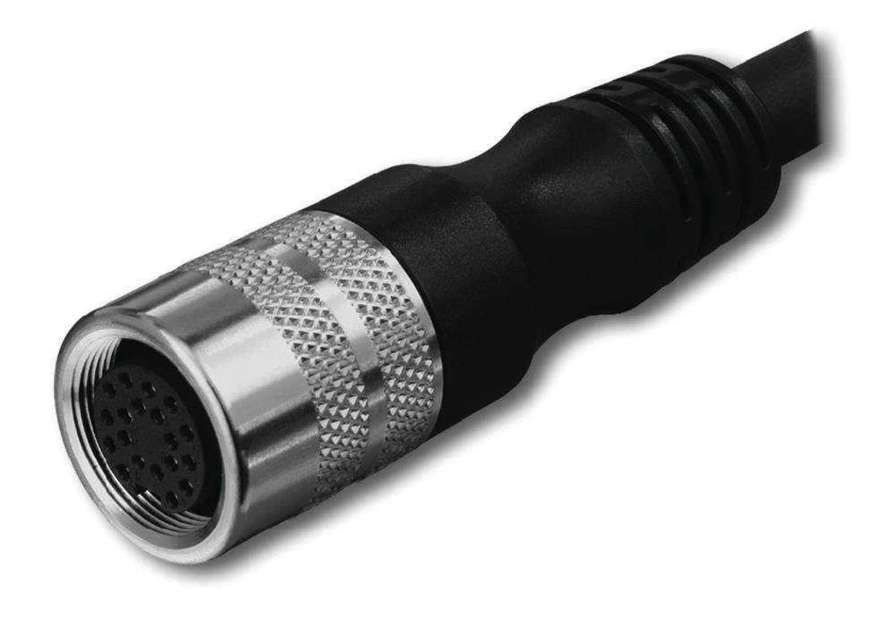 Schwarzer und silberner Rundsteckverbinder mit mehreren Pins und gerändeltem Metallgehäuse, geeignet für industrielle Anwendungen.