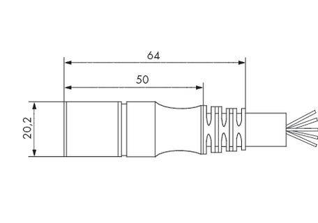 Technische Zeichnung eines zylindrischen Bauteils mit Maßen: Länge 64 mm, innerer Abschnitt 50 mm, Durchmesser 20,2 mm.