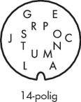 14-poliger runder Stecker mit Buchstaben von A bis U in verschiedenen Positionen innerhalb des Kreises.