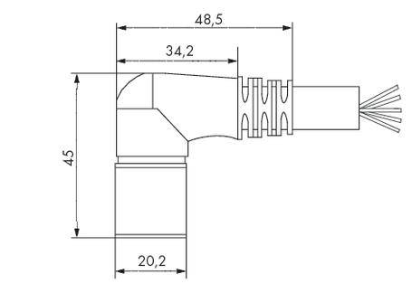 Technische Zeichnung einer Rohrverbindung mit Bemaßungen: Länge 48,5 mm, Breite 20,2 mm, Höhe 45 mm. Verbindet sich im Winkel.