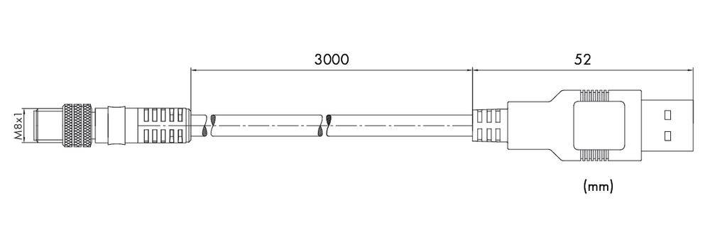 Technische Zeichnung eines Kabels: Links ein rundes M8x1-Stecker, rechts ein rechteckiger USB-Stecker. Kabellänge: 3000 mm.