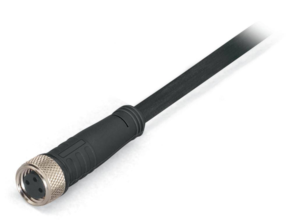 Ein schwarzes elektrisches Verbindungskabel mit einer runden Metallsteckverbindung zeigt drei Pins.