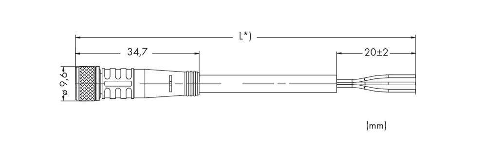 Technische Zeichnung eines Steckverbinders mit Maßen: Gesamtlänge L*, vorderer Teil 34,7 mm, hinterer Teil 20±2 mm, Durchmesser 9,6 mm.