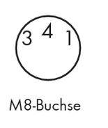 Diagramm eines M8-Buchsen-Pinouts mit den Zahlen 3, 4 und 1 in einem Kreis.