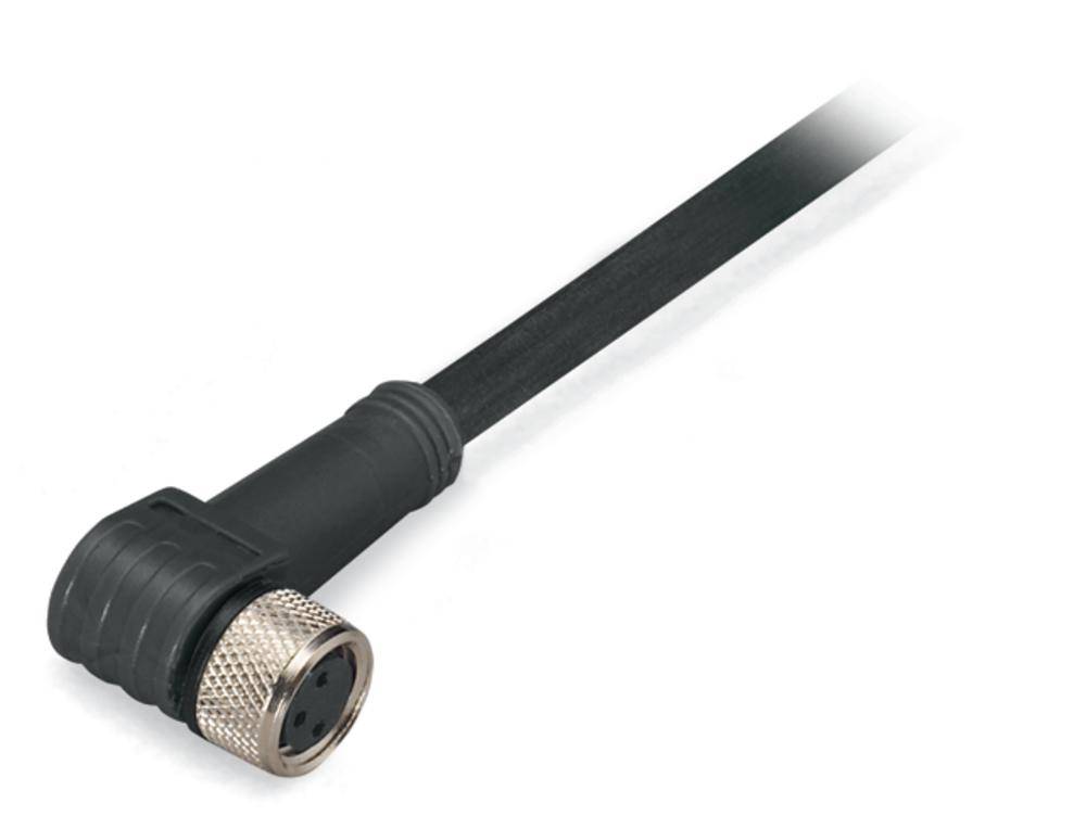 Schwarzes, gebogenes Kabel mit Metallstecker und 4-poligem Anschluss.