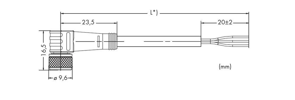 Technische Zeichnung eines Steckers mit Maßen: Länge 23,5 mm, Breite 16,5 mm. Gesamtlänge L, Kabelende 20±2 mm. Maßangaben in mm.