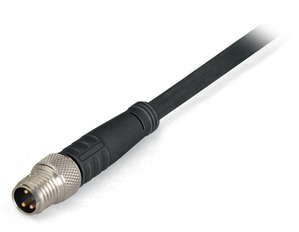 Schwarzes Kabel mit Metallstecker und vier Pins, verwendet zum Anschluss elektronischer Geräte.
