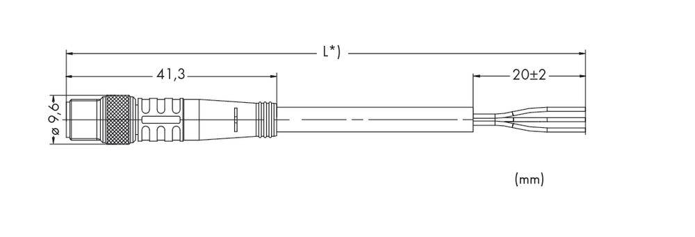 Technische Zeichnung eines Steckers mit Kabel. Länge: L ±1 mm, Durchmesser: 9,6 mm, Kabellänge: 41,3 mm und 20 ±2 mm.