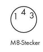 Diagramm eines M8-Steckers mit drei nummerierten Kontakten: 1, 4, 3.