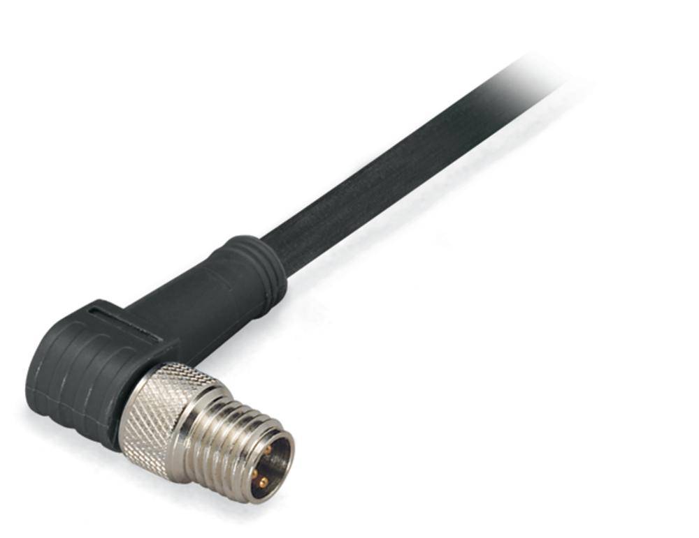 Ein schwarzes, rechtwinkliges Koaxialkabel mit Metallanschluss, typischerweise für elektrische Verbindungen in der Industrie verwendet.